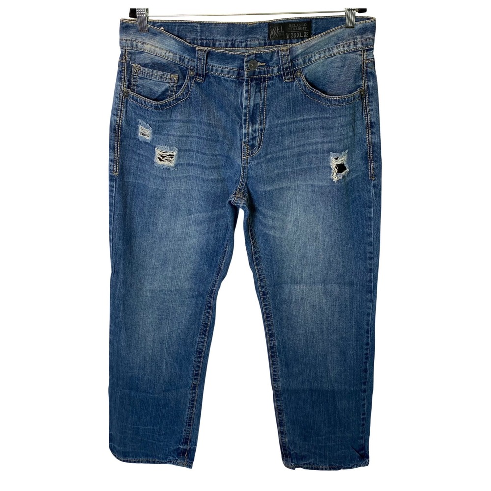 Axel Brand Relaxed Straight Jeans Mens 36x32 Blue Distressed Ripped Denim Grunge